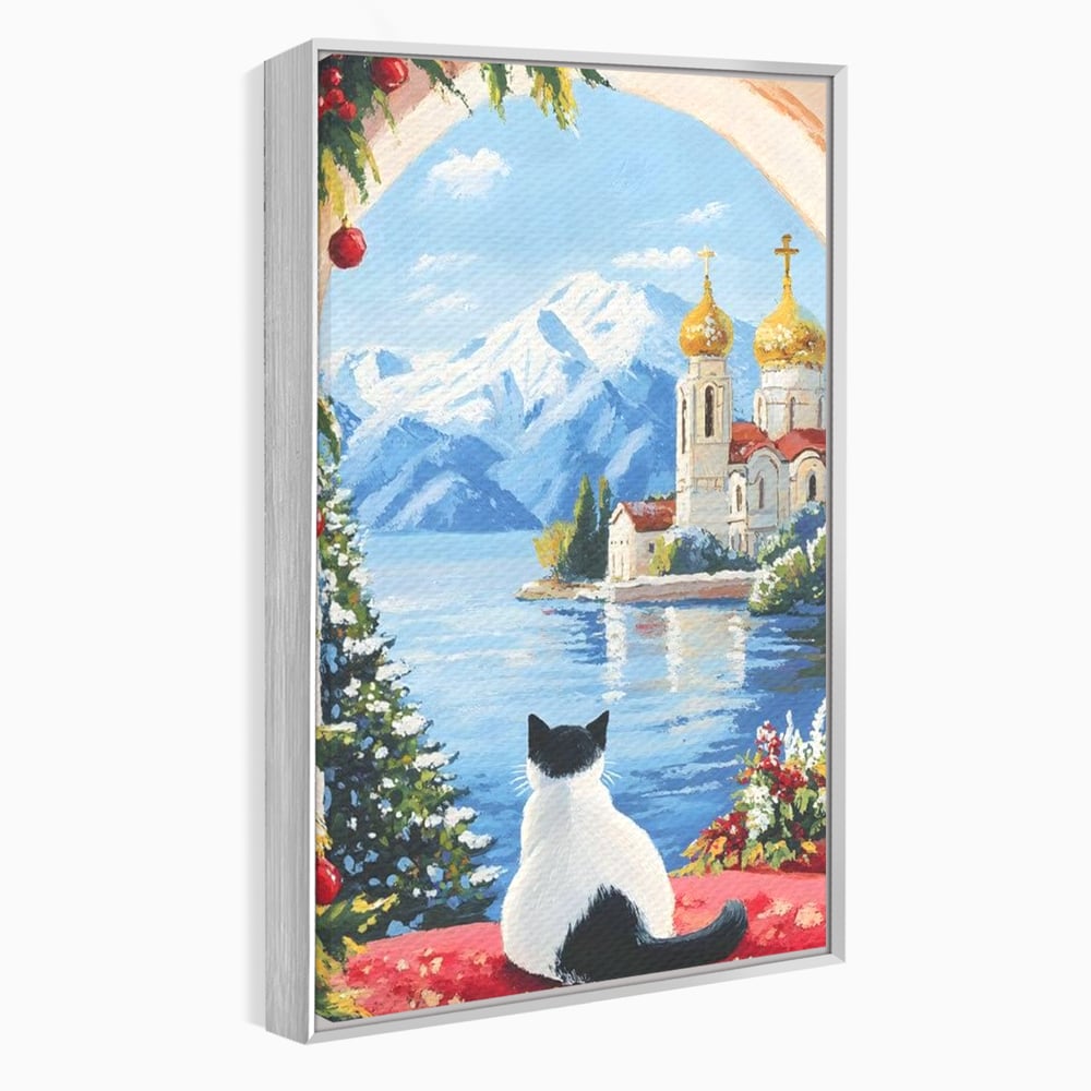 Tablou canvas cu tablou canvas cu pisica privind spre munte, in rama de aluminiu argintiu